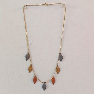3 Tone; gold, copper, silver Leaf Necklace on Gold Tone Chain
